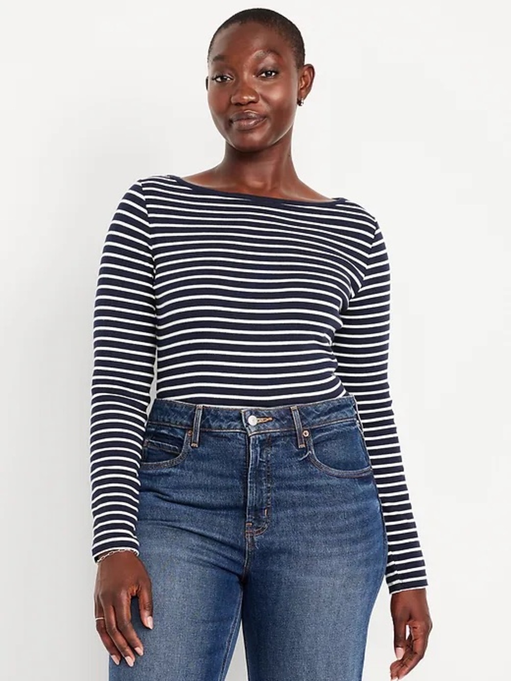 Striped Long-Sleeve Boatneck Top - Navy/White